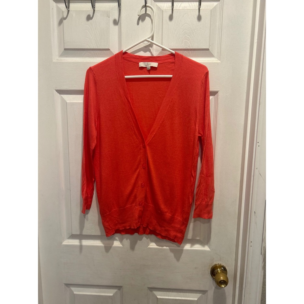 LOFT Women's Coral Cotton Blend 3/4 Sleeve Button Front Cardigan Medium